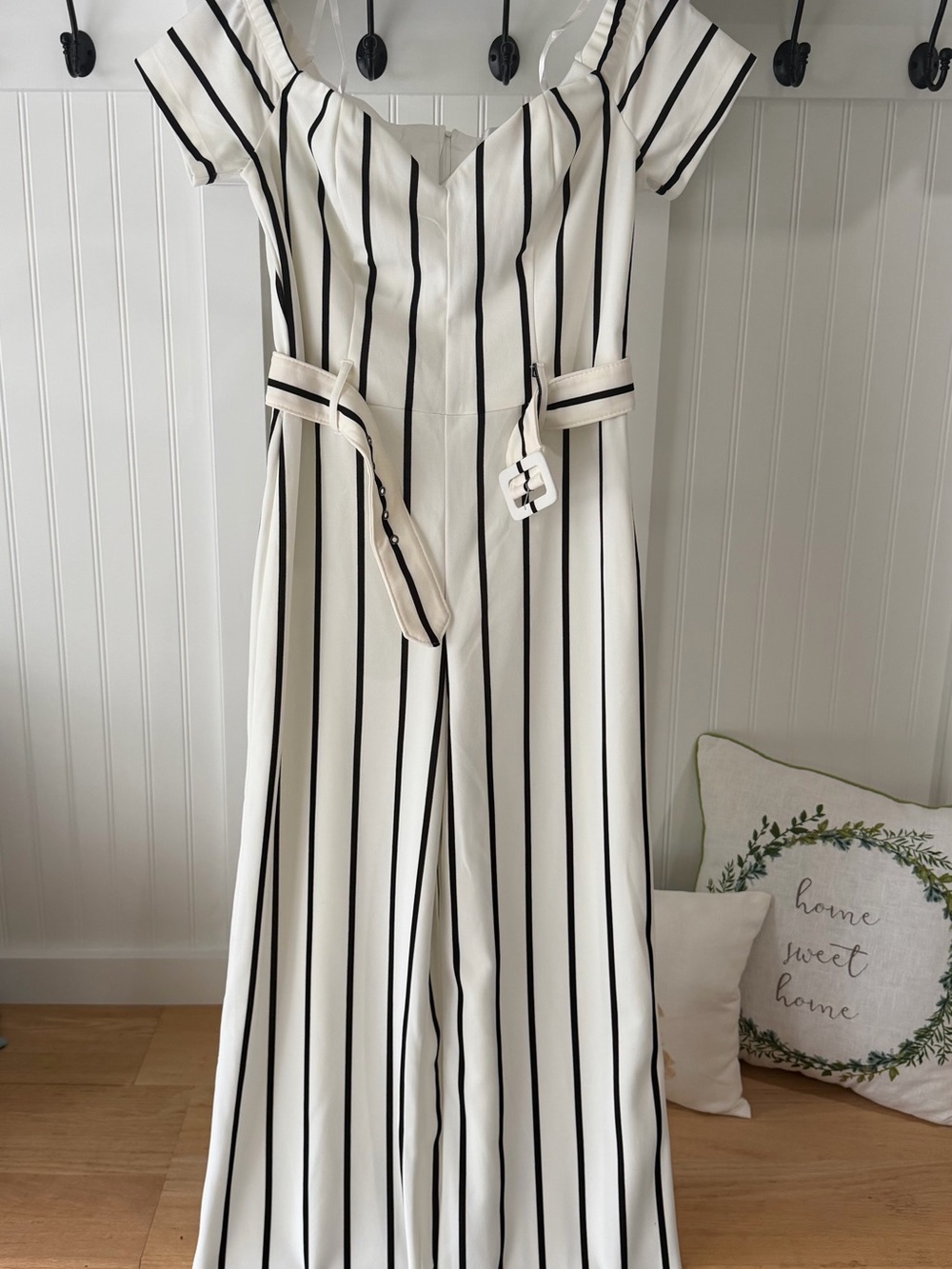 Striped Off-Shoulder Wide-Leg Jumpsuit - White/Black